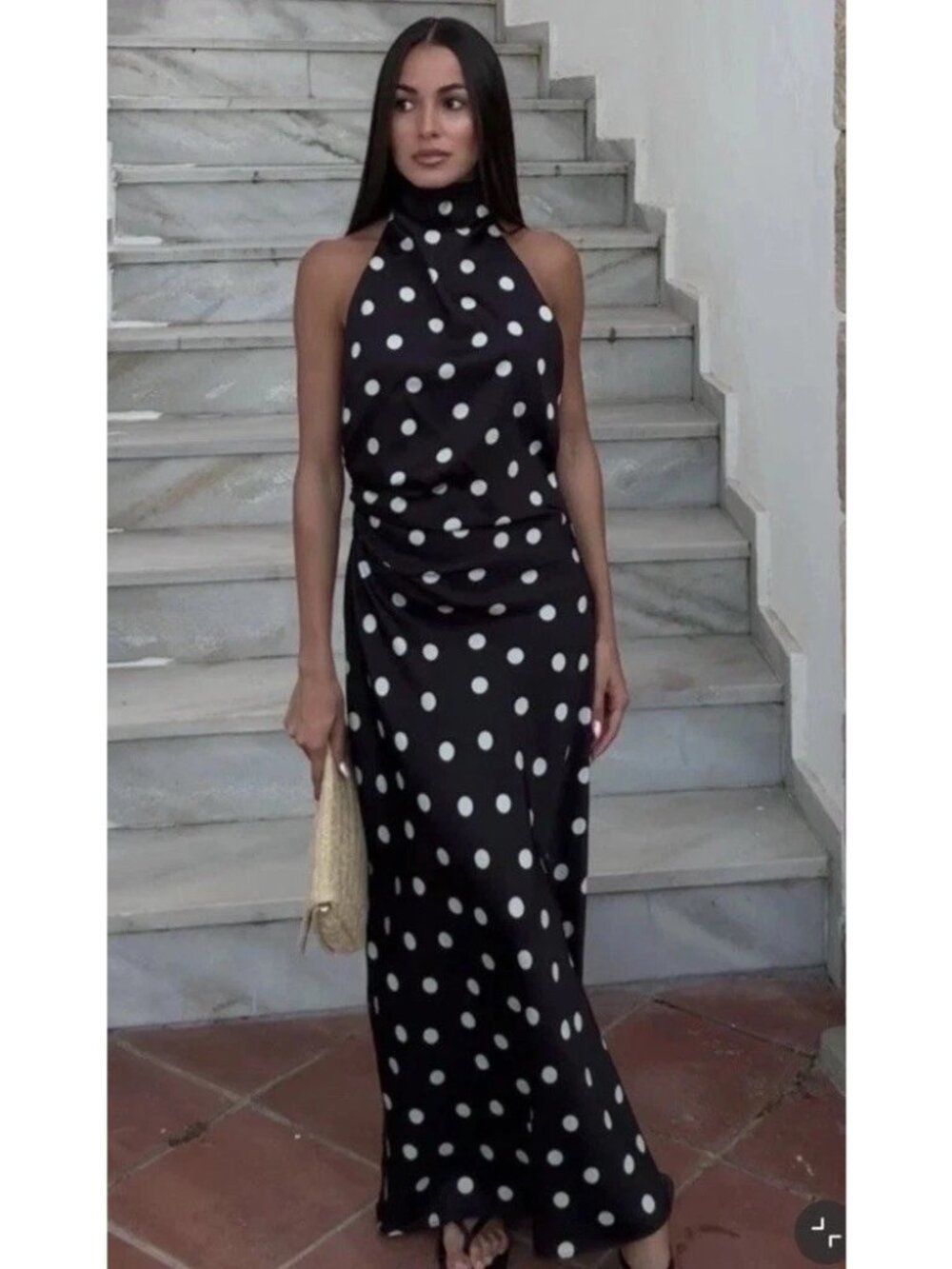 Zara Womens Maxi Dress S Black Polka Dot Halter Satin Ruched Side 8484/438 NWT